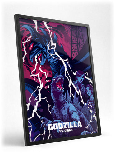 Godzilla vs. Gigan (1972) Movie Illustrated Art poster in a black frame with glass leaning against a wall