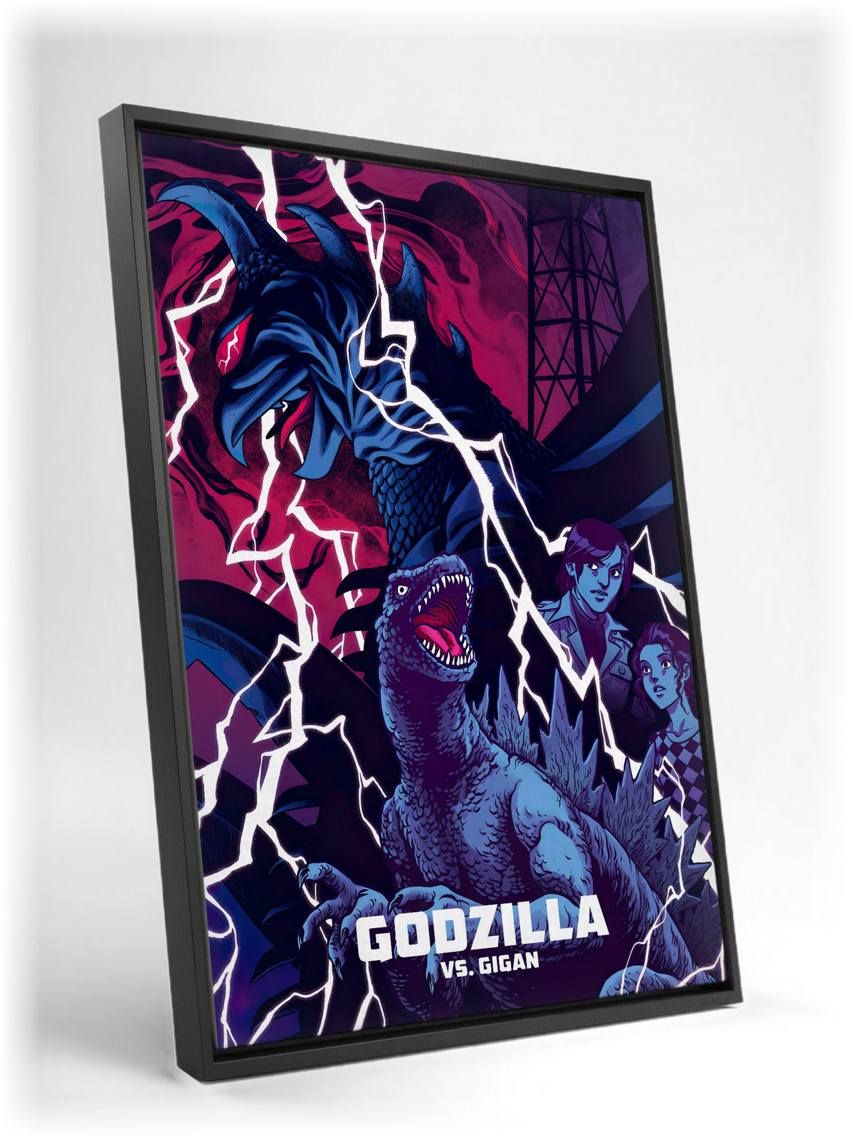 Godzilla vs. Gigan (1972) Movie Illustrated Art as a black floater framed canvas leaning against a wall