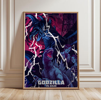 Godzilla vs. Gigan (1972) Movie Illustrated Art poster in a light oak frame leaning against a white wall