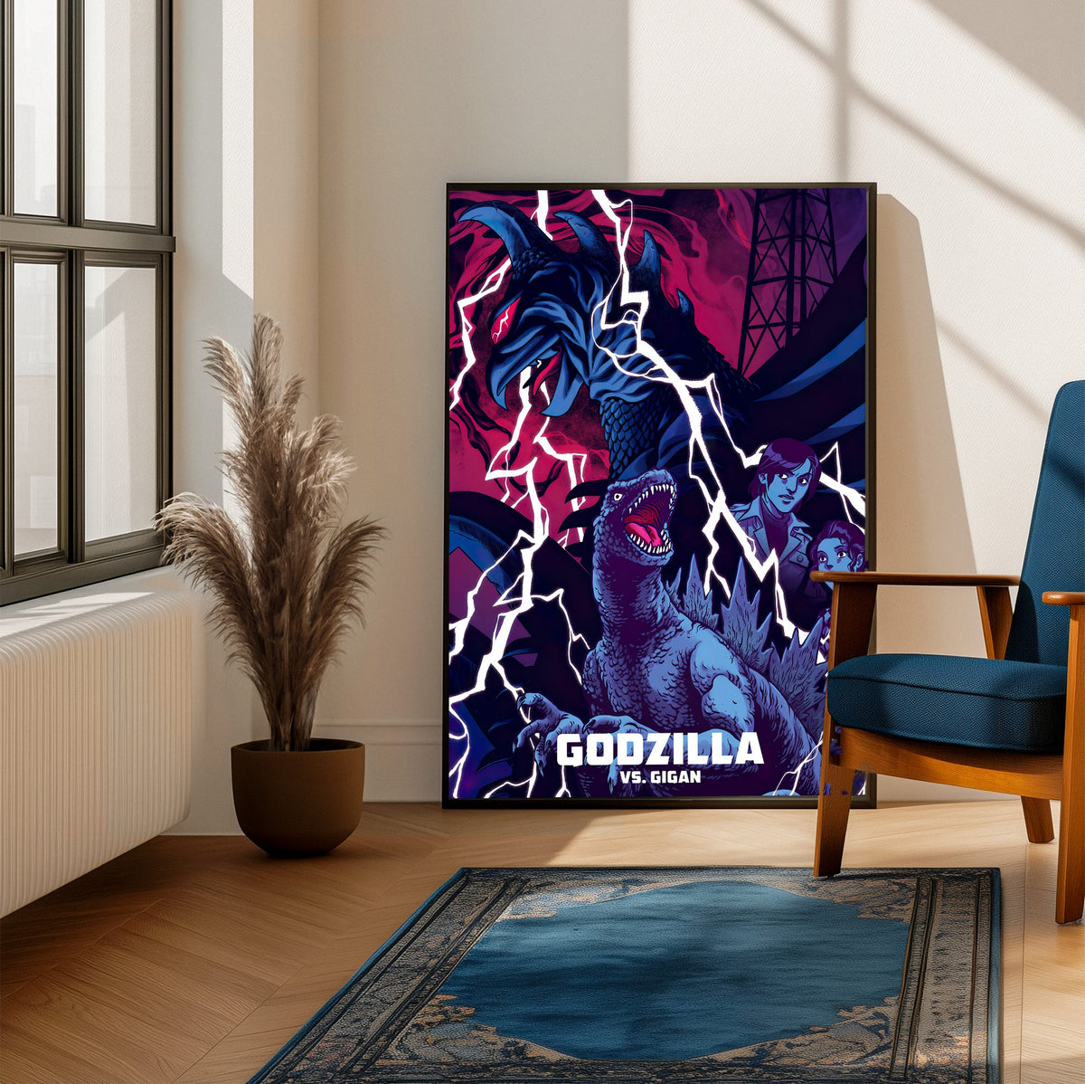 Godzilla vs. Gigan (1972) Movie Illustrated Art poster framed beside a blue armchair in a sunlit room