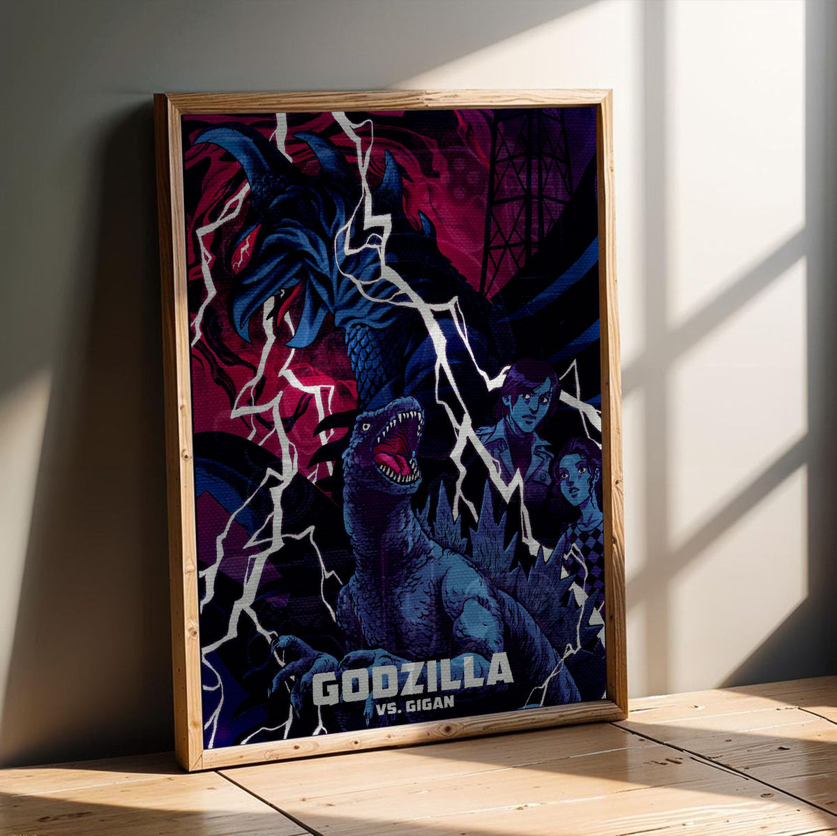 Godzilla vs. Gigan (1972) Movie Illustrated Art poster in an oak frame leaning on a wooden floor
