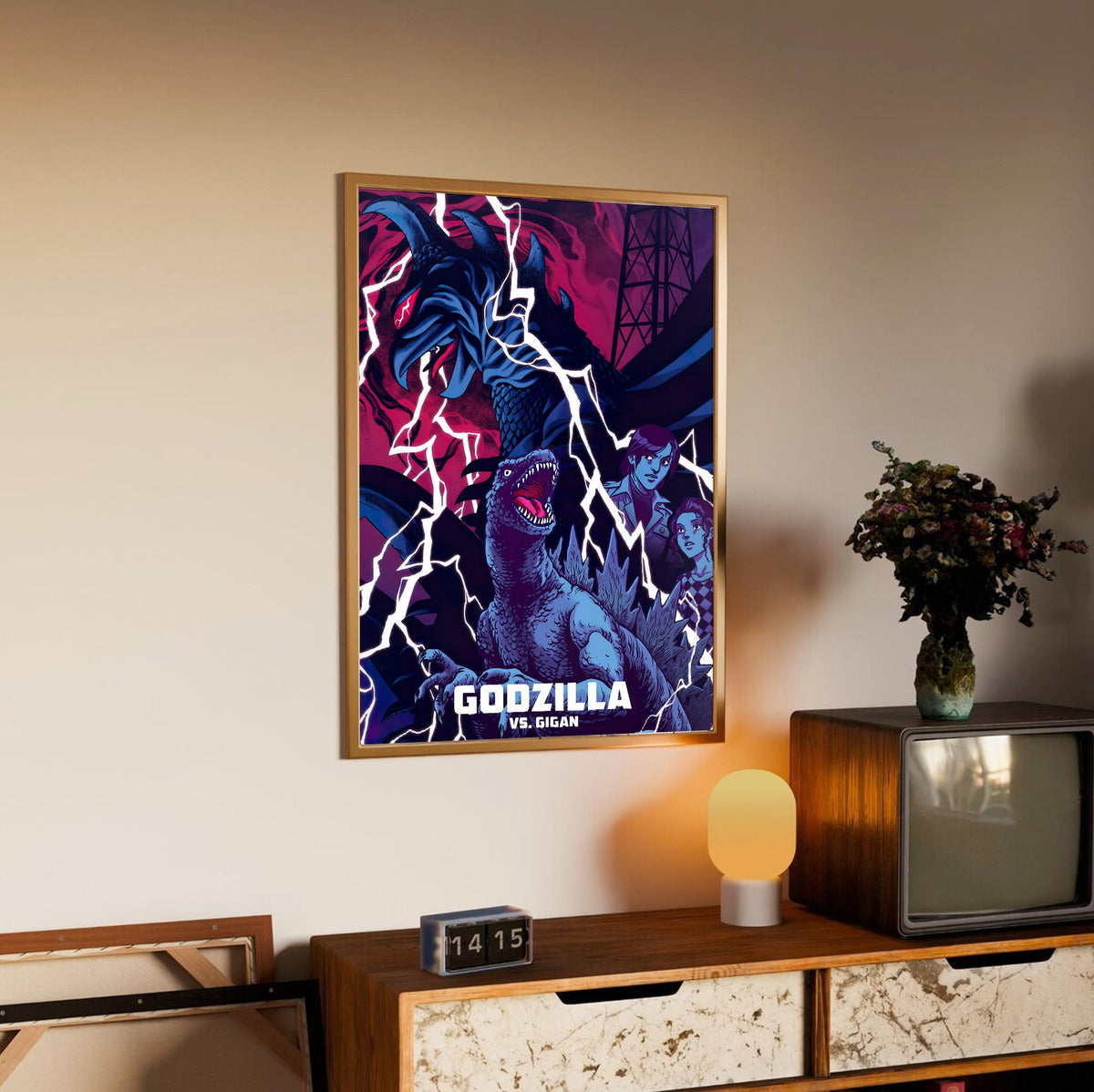 Godzilla vs. Gigan (1972) Movie Illustrated Art poster in an oak frame above a sideboard