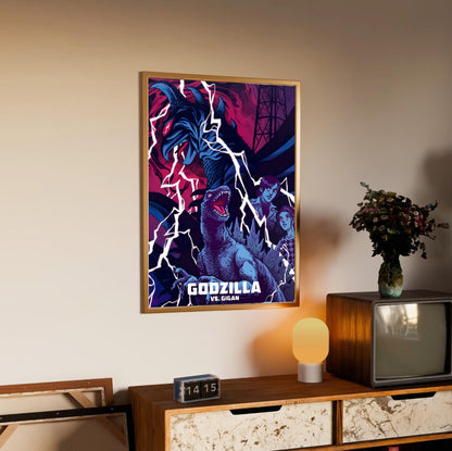 Godzilla vs. Gigan (1972) Movie Illustrated Art poster in an oak frame above a sideboard