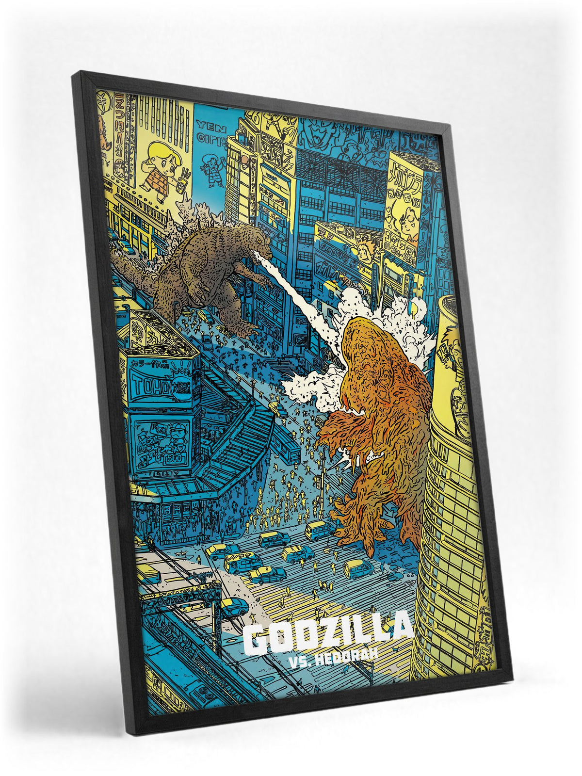 Godzilla vs. Hedorah (1971) Movie Illustrated Art poster in a black frame with glass leaning against a wall