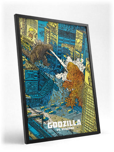 Godzilla vs. Hedorah (1971) Movie Illustrated Art poster in a black frame with glass leaning against a wall