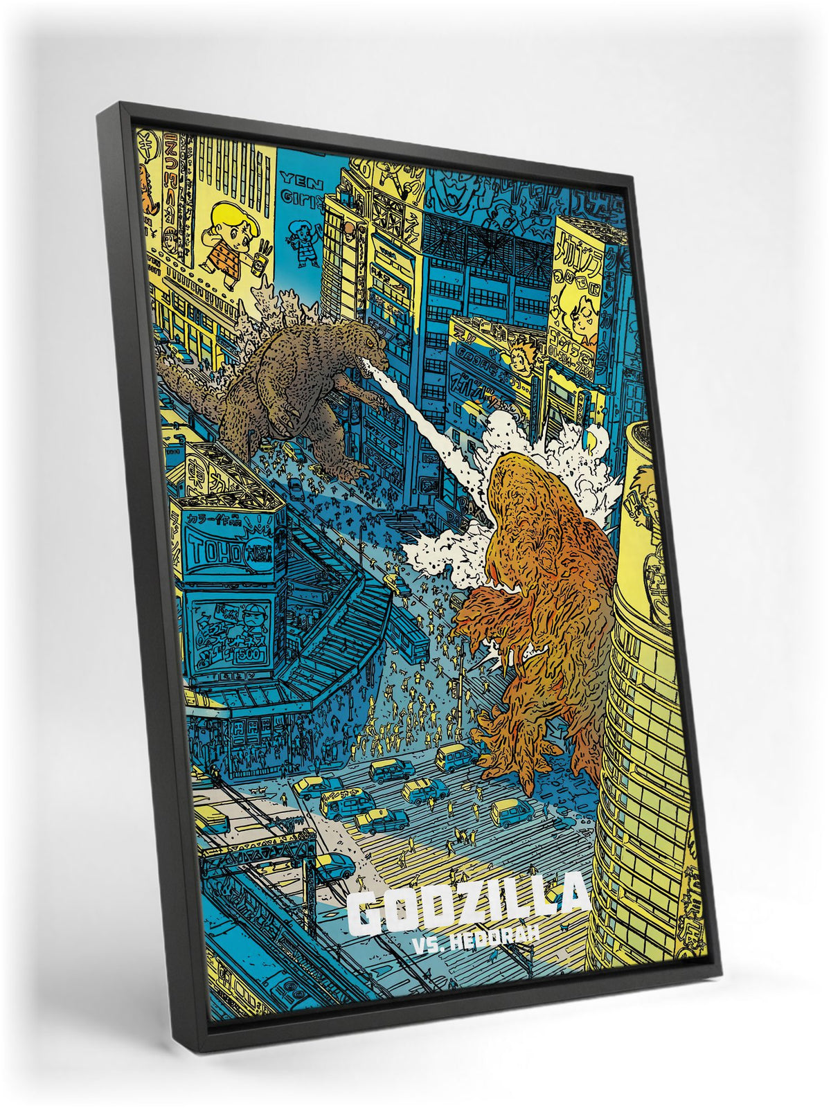 Godzilla vs. Hedorah (1971) Movie Illustrated Art as a black floater framed canvas leaning against a wall