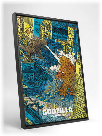 Godzilla vs. Hedorah (1971) Movie Illustrated Art as a black floater framed canvas leaning against a wall