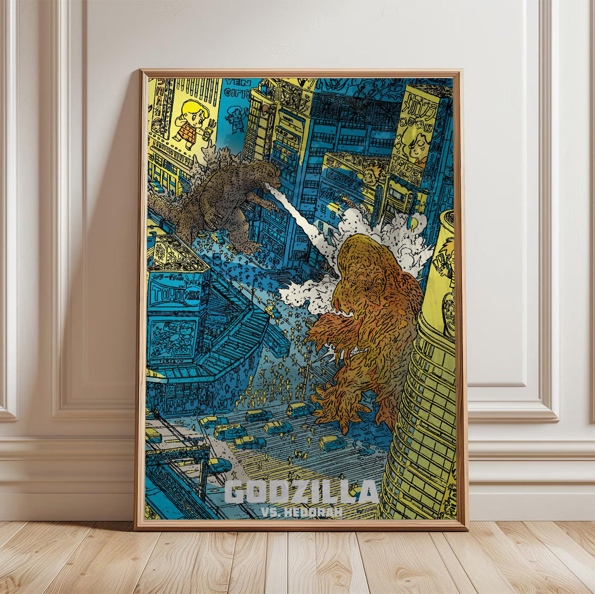 Godzilla vs. Hedorah (1971) Movie Illustrated Art poster in a light oak frame leaning against a white wall