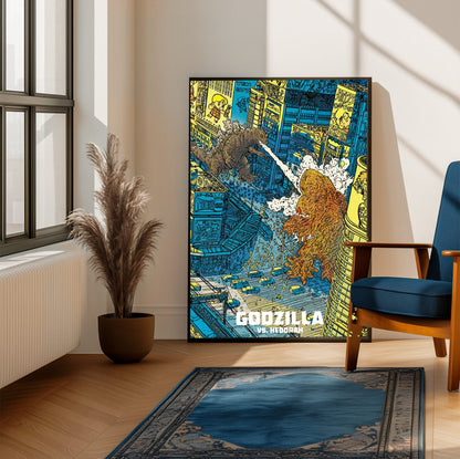 Godzilla vs. Hedorah (1971) Movie Illustrated Art poster framed beside a blue armchair in a sunlit room