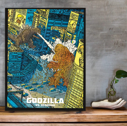 Godzilla vs. Hedorah (1971) Movie Illustrated Art poster in a black frame on a wooden shelf against concrete