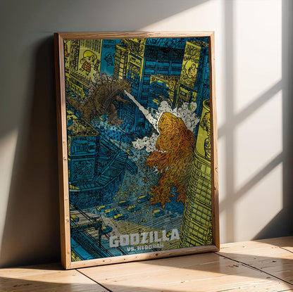 Godzilla vs. Hedorah (1971) Movie Illustrated Art poster in an oak frame leaning on a wooden floor