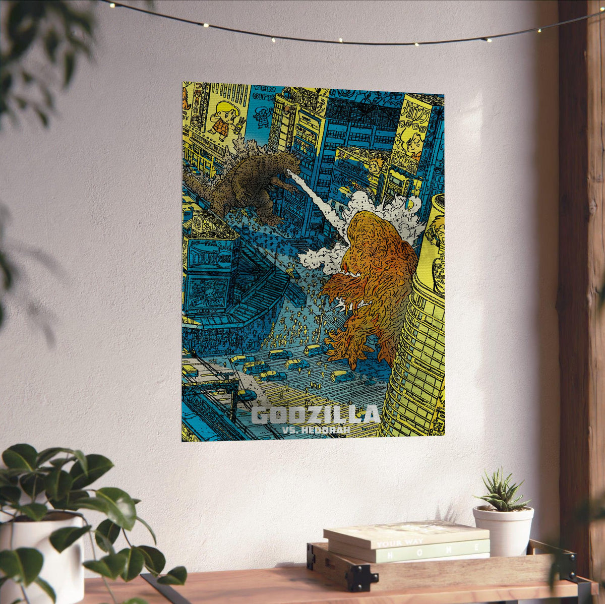 Godzilla vs. Hedorah (1971) Movie Illustrated Art poster unframed on a white wall above a desk
