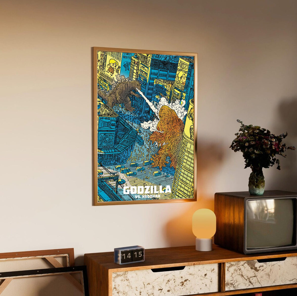 Godzilla vs. Hedorah (1971) Movie Illustrated Art poster in an oak frame above a sideboard