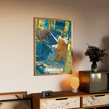 Godzilla vs. Hedorah (1971) Movie Illustrated Art poster in an oak frame above a sideboard