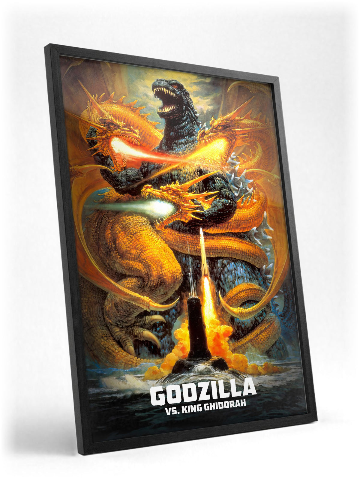 Godzilla vs. King Ghidorah (1991) Movie Key Art poster in a black frame with glass leaning against a wall