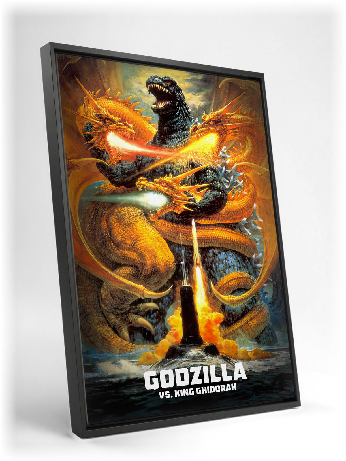 Godzilla vs. King Ghidorah (1991) Movie Key Art as a black floater framed canvas leaning against a wall