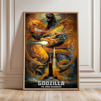 Godzilla vs. King Ghidorah (1991) Movie Key Art poster in a light oak frame leaning against a white wall