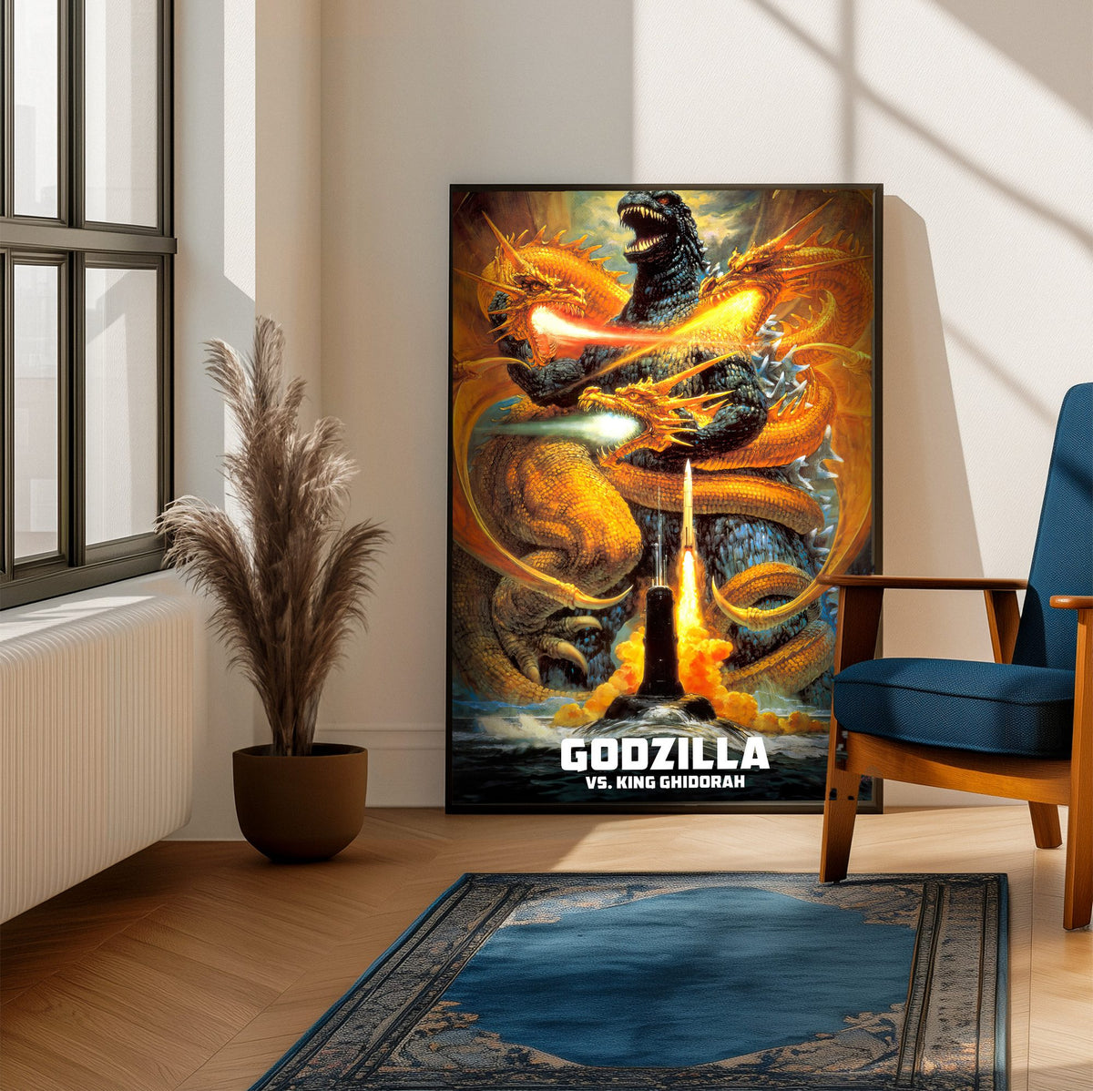 Godzilla vs. King Ghidorah (1991) Movie Key Art poster framed beside a blue armchair in a sunlit room