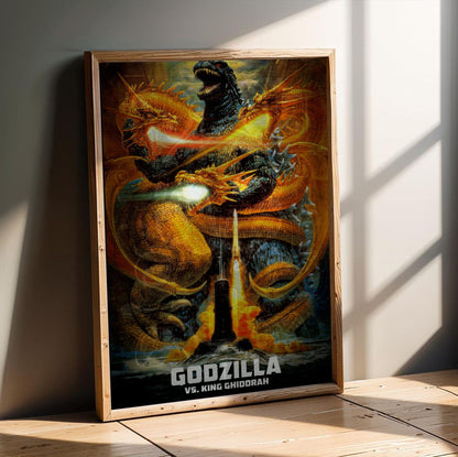 Godzilla vs. King Ghidorah (1991) Movie Key Art poster in an oak frame leaning on a wooden floor