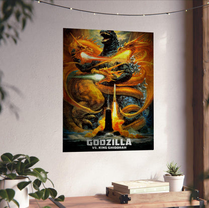 Godzilla vs. King Ghidorah (1991) Movie Key Art poster unframed on a white wall above a desk