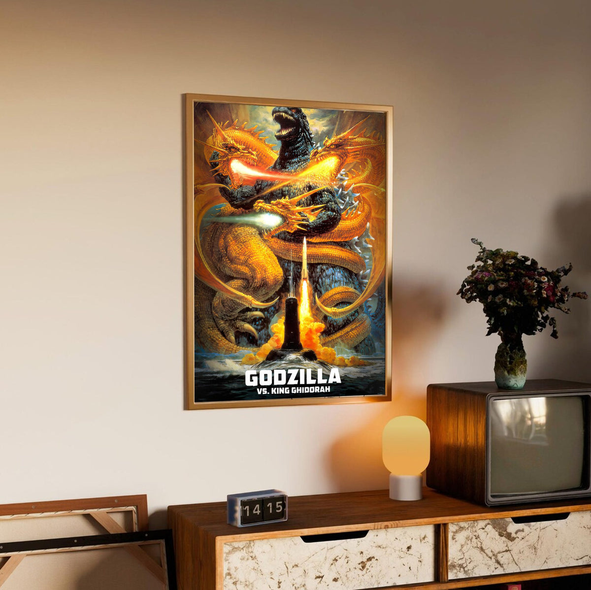 Godzilla vs. King Ghidorah (1991) Movie Key Art poster in an oak frame above a sideboard