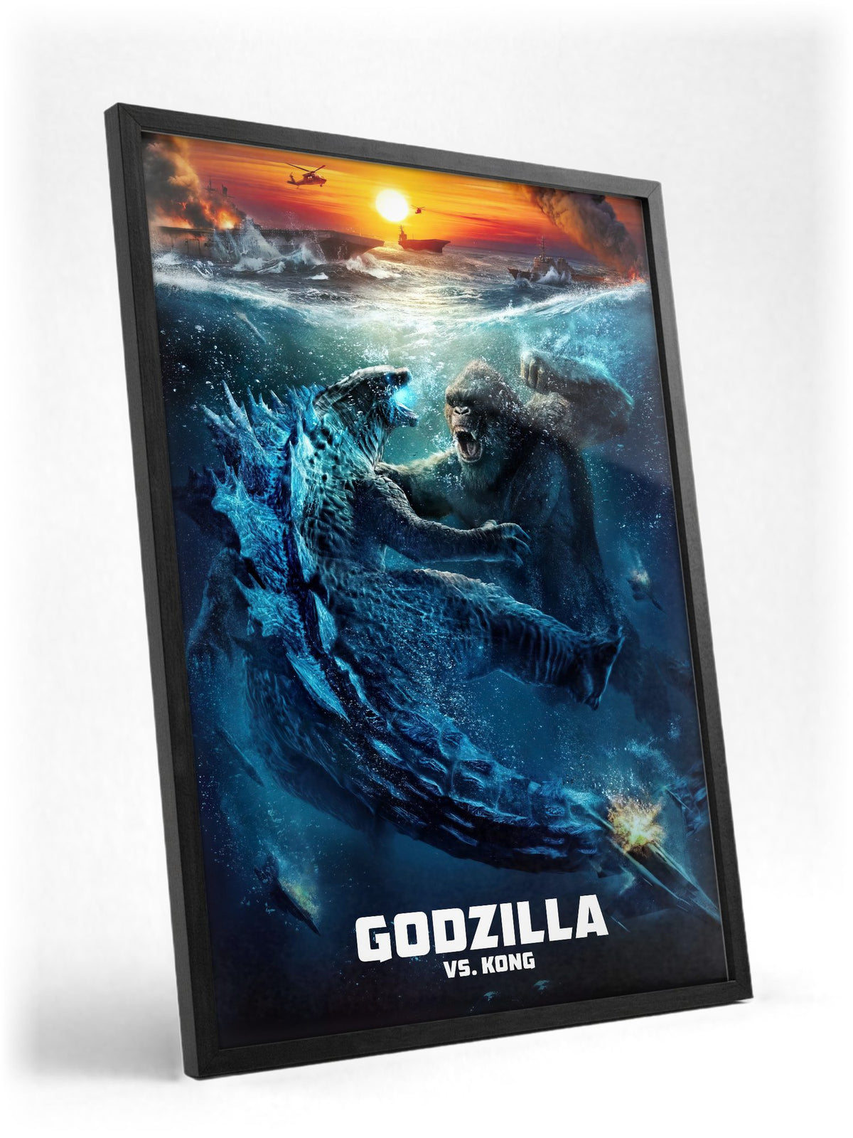 Godzilla vs. Kong (2021) Movie Ocean Battle Art poster in a black frame with glass leaning against a wall