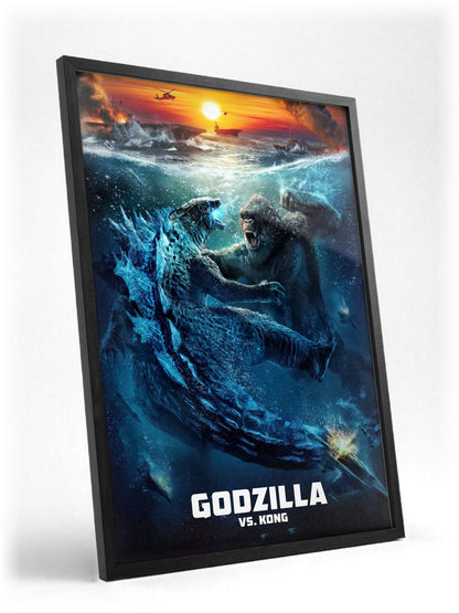 Godzilla vs. Kong (2021) Movie Ocean Battle Art poster in a black frame with glass leaning against a wall