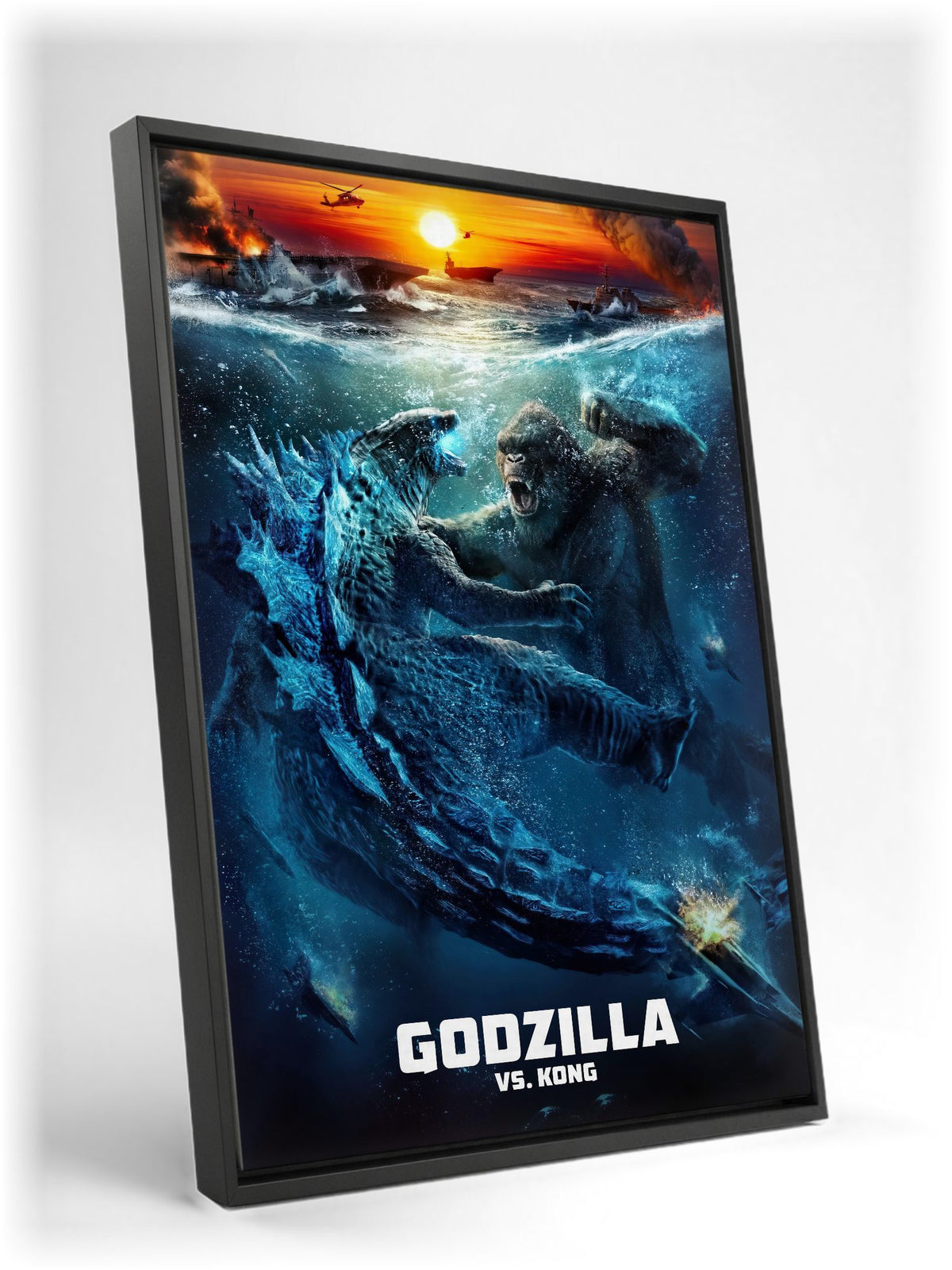 Godzilla vs. Kong (2021) Movie Ocean Battle Art as a black floater framed canvas leaning against a wall
