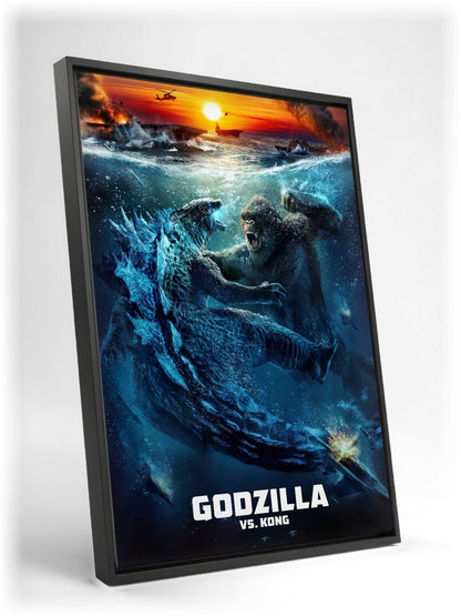 Godzilla vs. Kong (2021) Movie Ocean Battle Art as a black floater framed canvas leaning against a wall