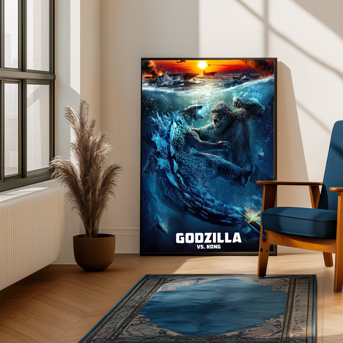 Godzilla vs. Kong (2021) Movie Ocean Battle Art poster framed beside a blue armchair in a sunlit room