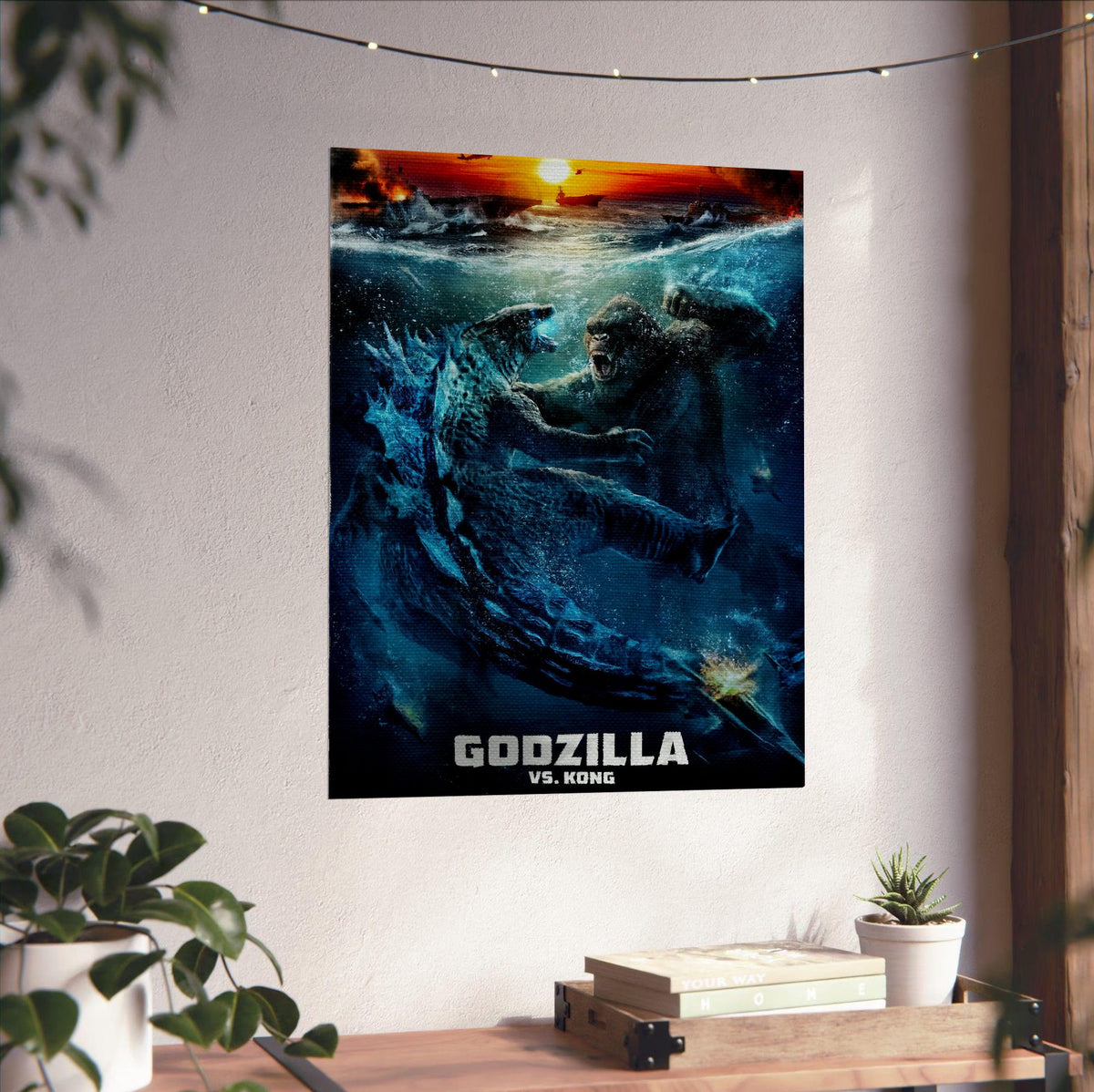 Godzilla vs. Kong (2021) Movie Ocean Battle Art poster unframed on a white wall above a desk
