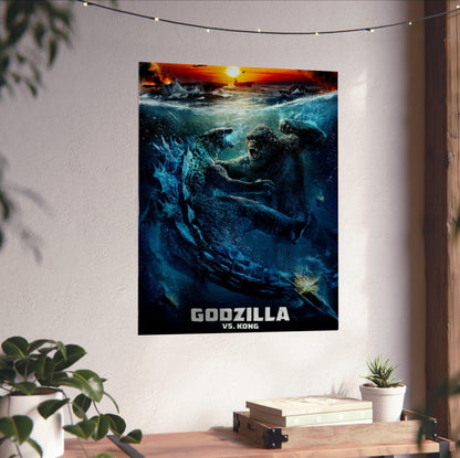 Godzilla vs. Kong (2021) Movie Ocean Battle Art poster unframed on a white wall above a desk