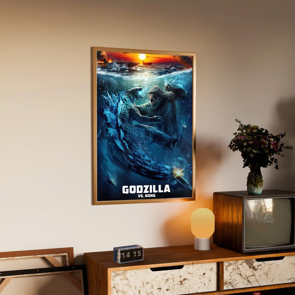 Godzilla vs. Kong (2021) Movie Ocean Battle Art poster in an oak frame above a sideboard