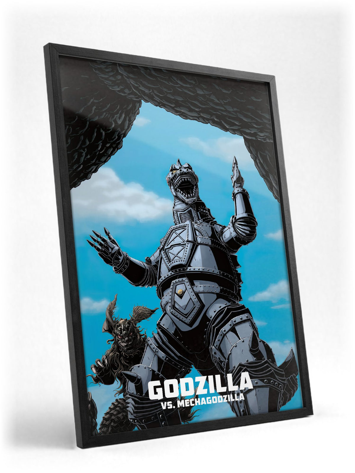 Godzilla vs. Mechagodzilla (1974) Movie Illustrated Art poster in a black frame with glass leaning against a wall