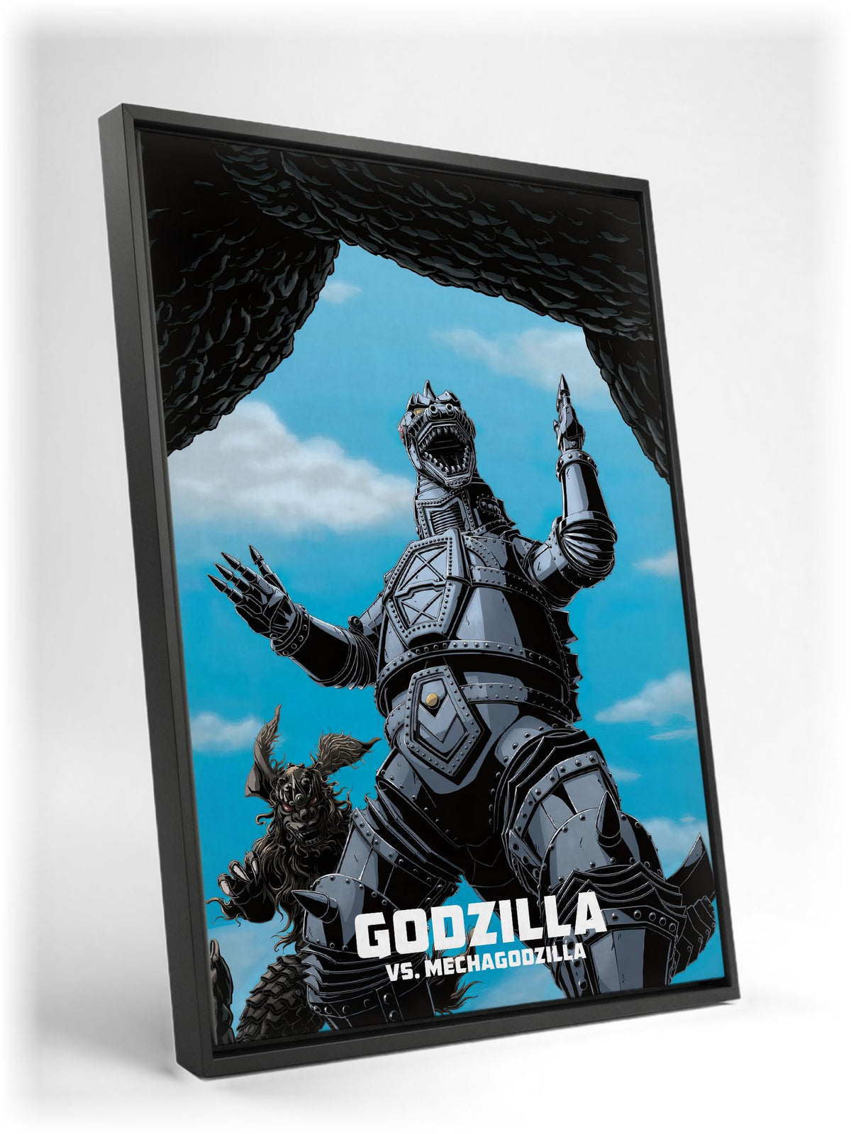 Godzilla vs. Mechagodzilla (1974) Movie Illustrated Art as a black floater framed canvas leaning against a wall
