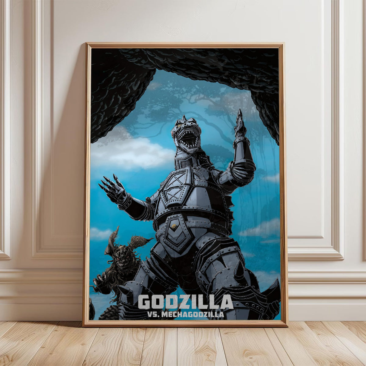 Godzilla vs. Mechagodzilla (1974) Movie Illustrated Art poster in a light oak frame leaning against a white wall
