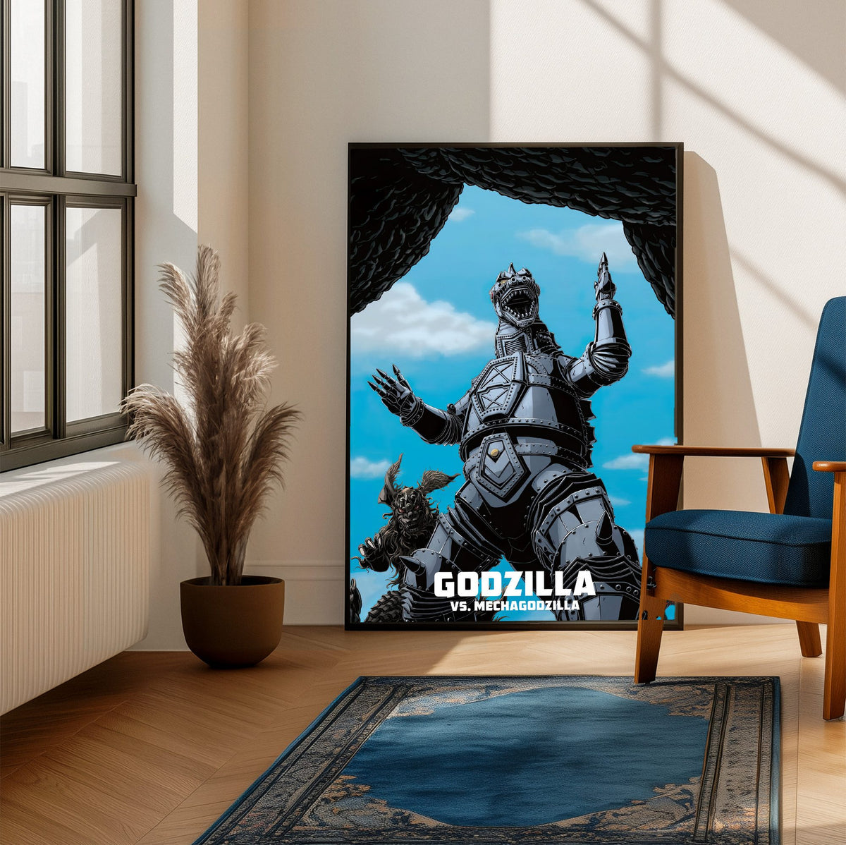 Godzilla vs. Mechagodzilla (1974) Movie Illustrated Art poster framed beside a blue armchair in a sunlit room