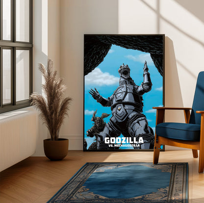 Godzilla vs. Mechagodzilla (1974) Movie Illustrated Art poster framed beside a blue armchair in a sunlit room