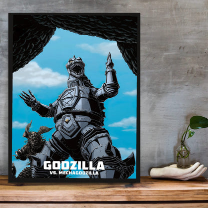 Godzilla vs. Mechagodzilla (1974) Movie Illustrated Art poster in a black frame on a wooden shelf against concrete