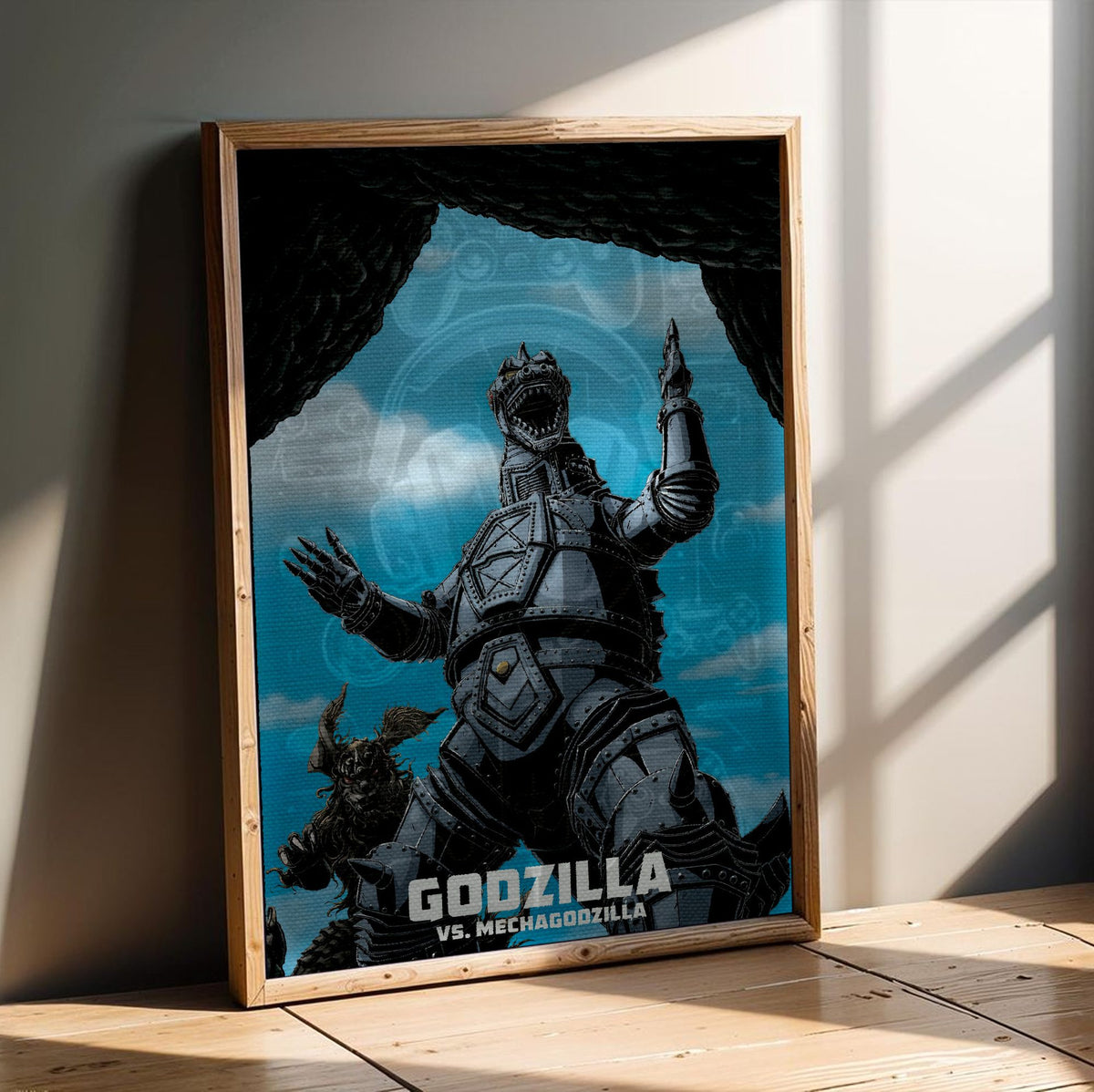 Godzilla vs. Mechagodzilla (1974) Movie Illustrated Art poster in an oak frame leaning on a wooden floor