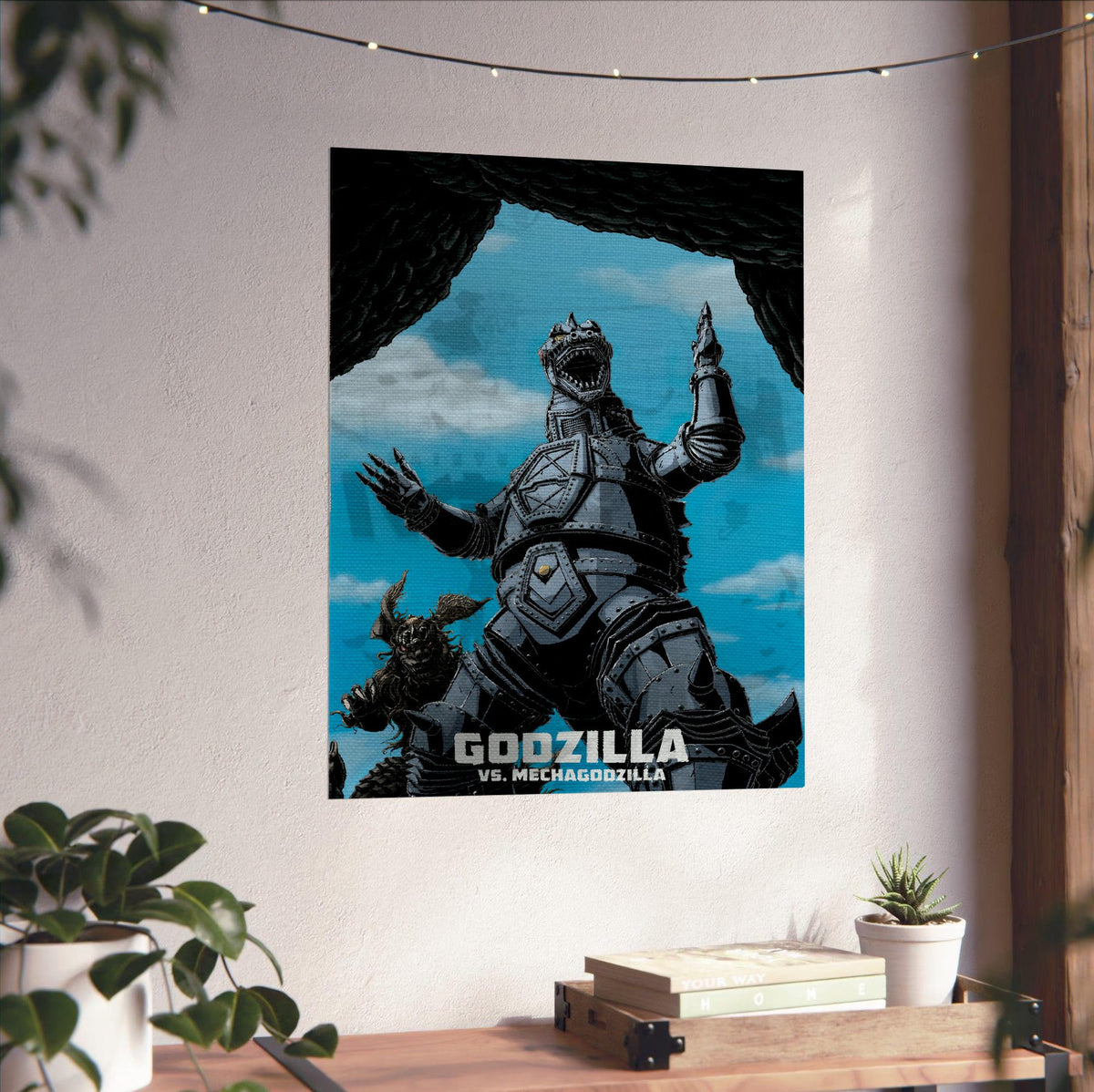 Godzilla vs. Mechagodzilla (1974) Movie Illustrated Art poster unframed on a white wall above a desk