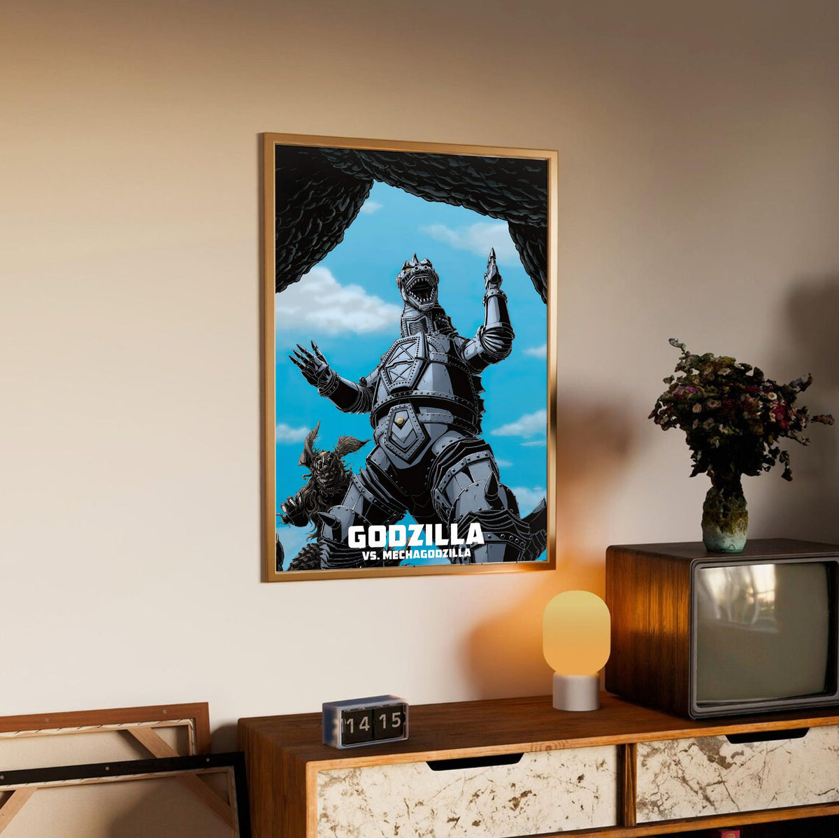 Godzilla vs. Mechagodzilla (1974) Movie Illustrated Art poster in an oak frame above a sideboard