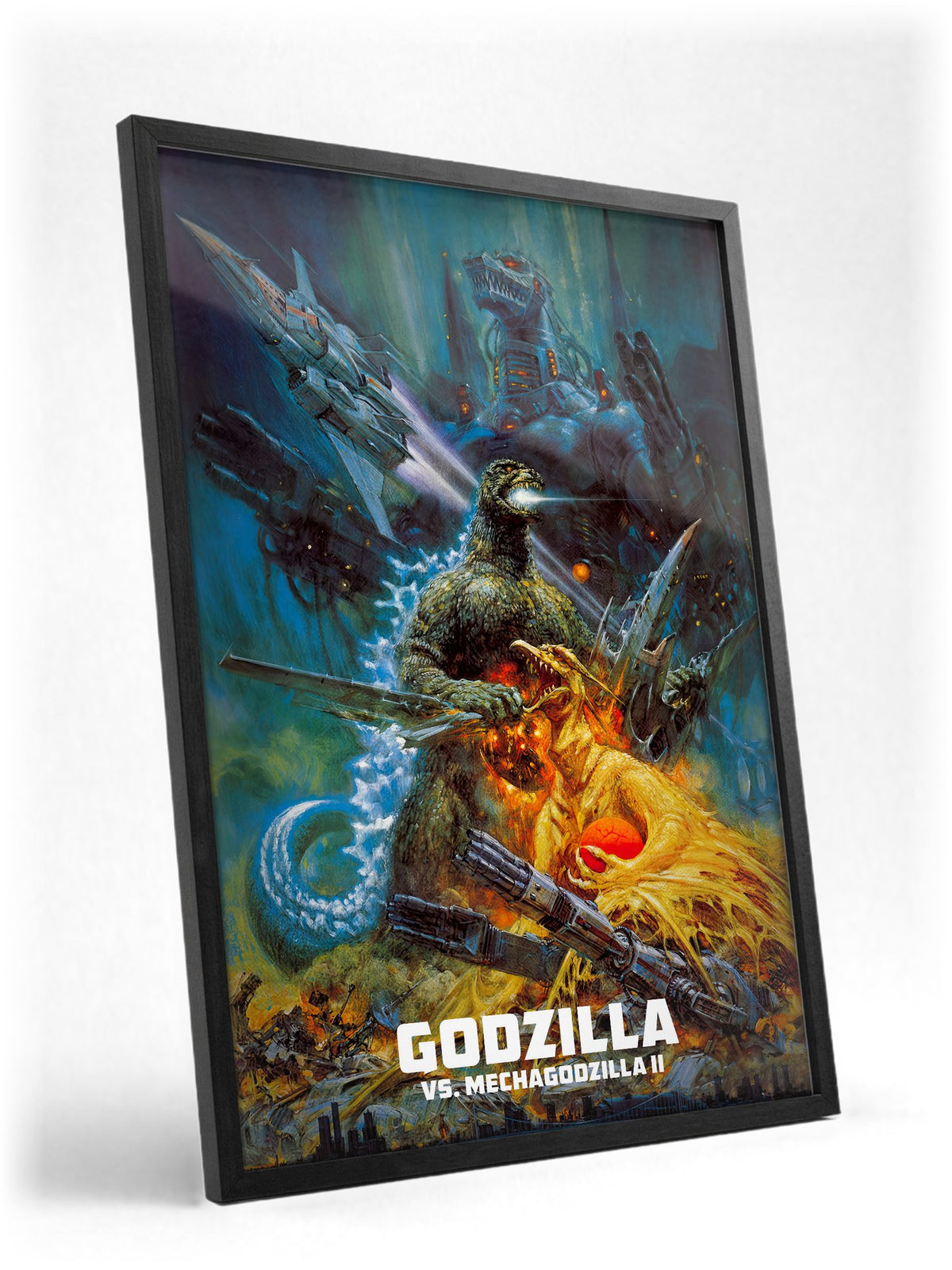 Godzilla vs. Mechagodzilla II (1993) Movie Key Art poster in a black frame with glass leaning against a wall