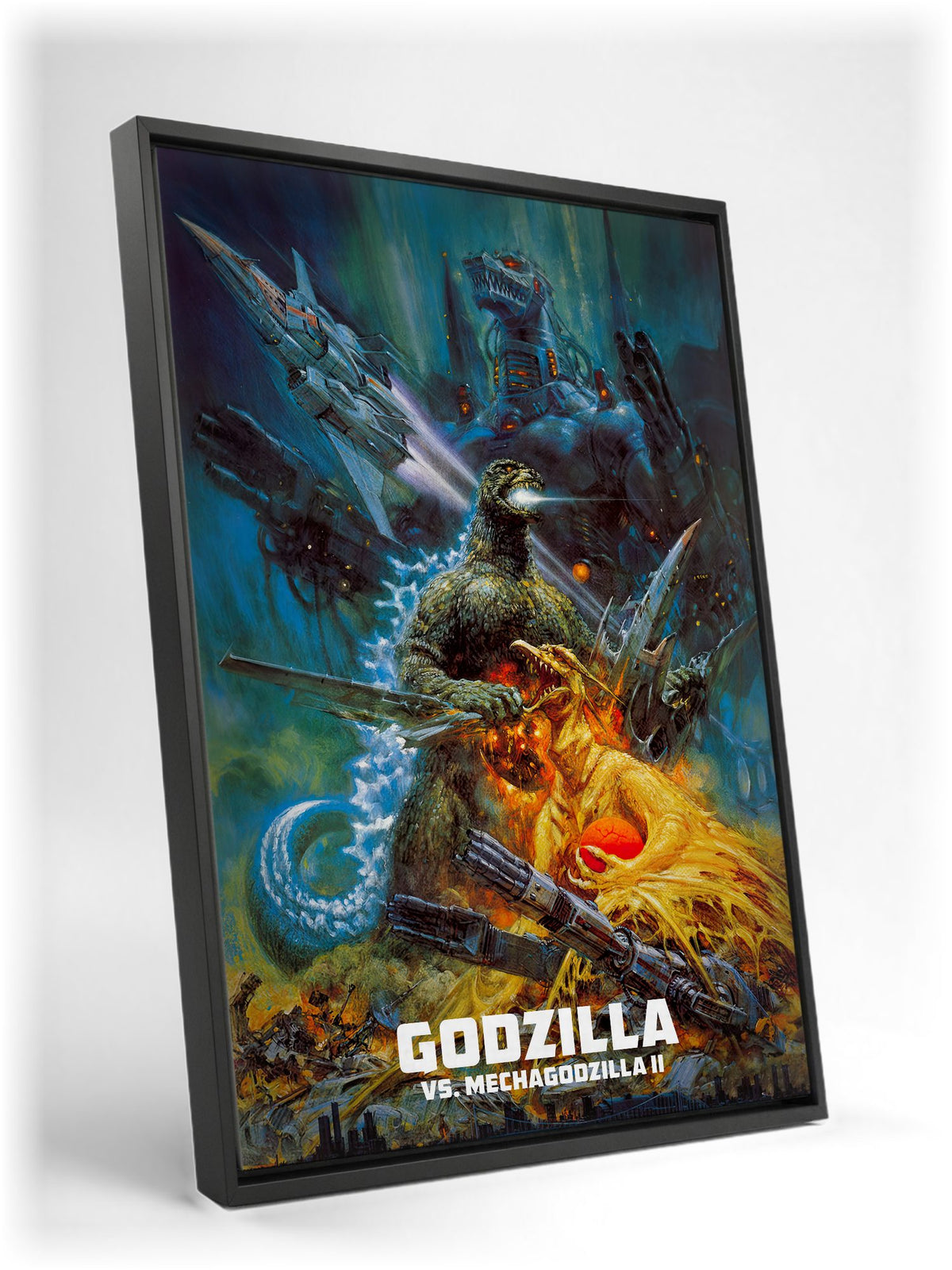 Godzilla vs. Mechagodzilla II (1993) Movie Key Art as a black floater framed canvas leaning against a wall