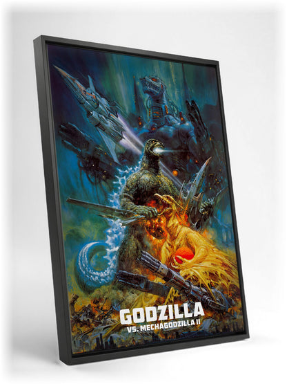 Godzilla vs. Mechagodzilla II (1993) Movie Key Art as a black floater framed canvas leaning against a wall