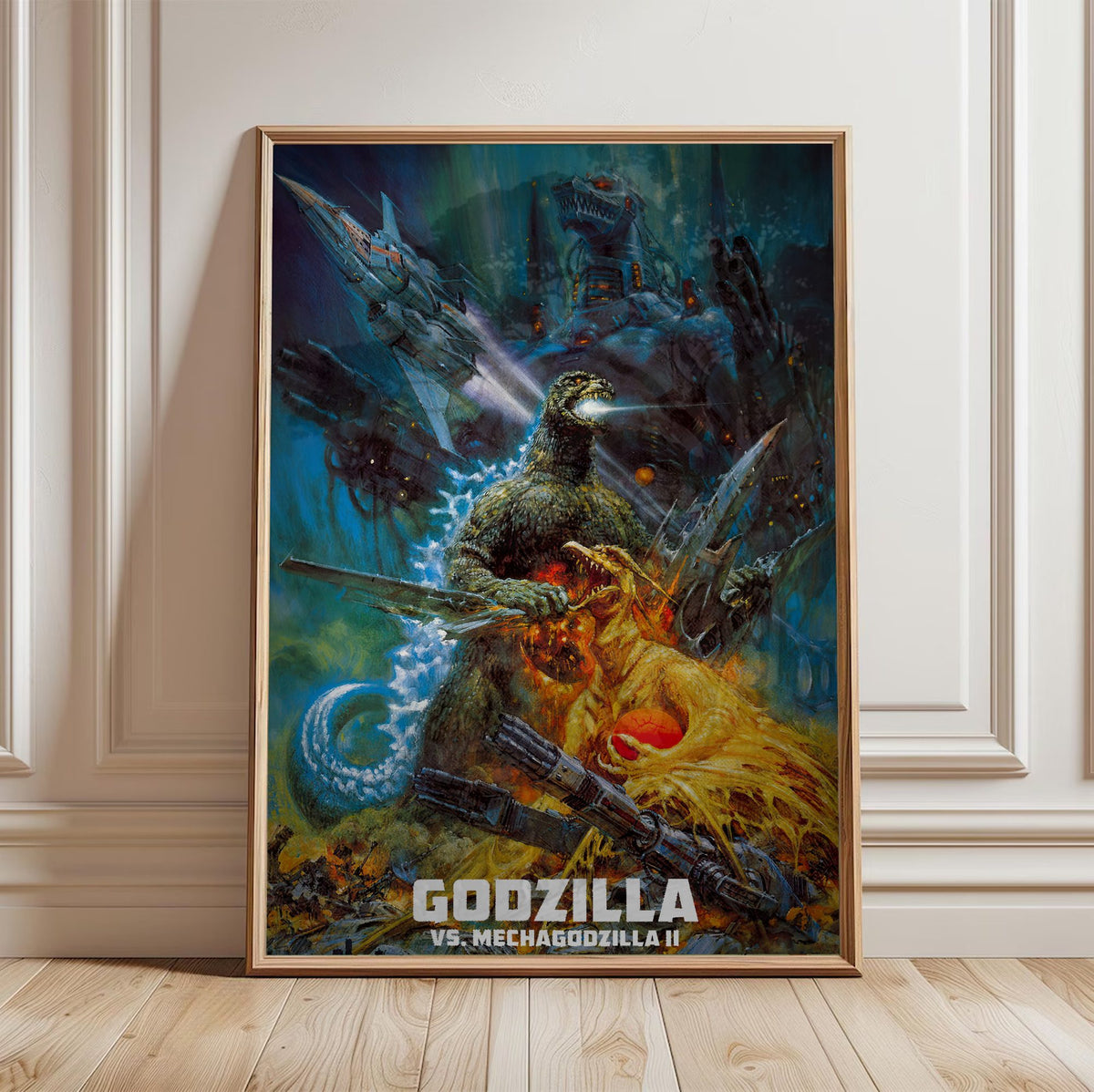 Godzilla vs. Mechagodzilla II (1993) Movie Key Art poster in a light oak frame leaning against a white wall