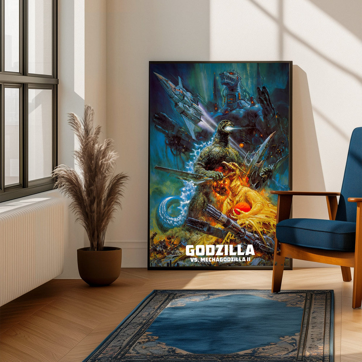 Godzilla vs. Mechagodzilla II (1993) Movie Key Art poster framed beside a blue armchair in a sunlit room