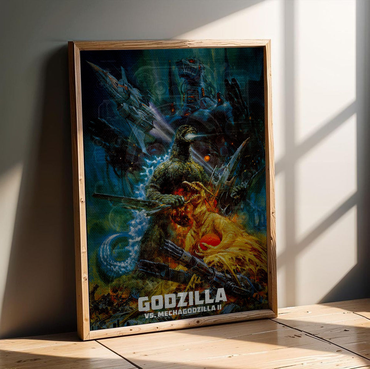 Godzilla vs. Mechagodzilla II (1993) Movie Key Art poster in an oak frame leaning on a wooden floor