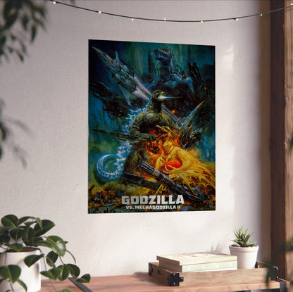 Godzilla vs. Mechagodzilla II (1993) Movie Key Art poster unframed on a white wall above a desk