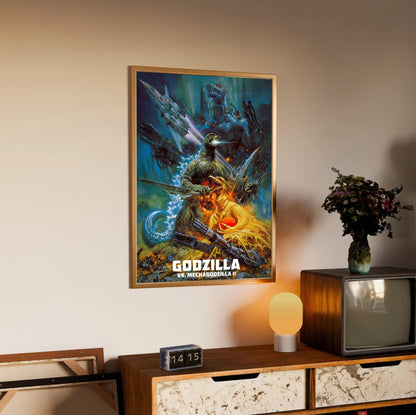 Godzilla vs. Mechagodzilla II (1993) Movie Key Art poster in an oak frame above a sideboard